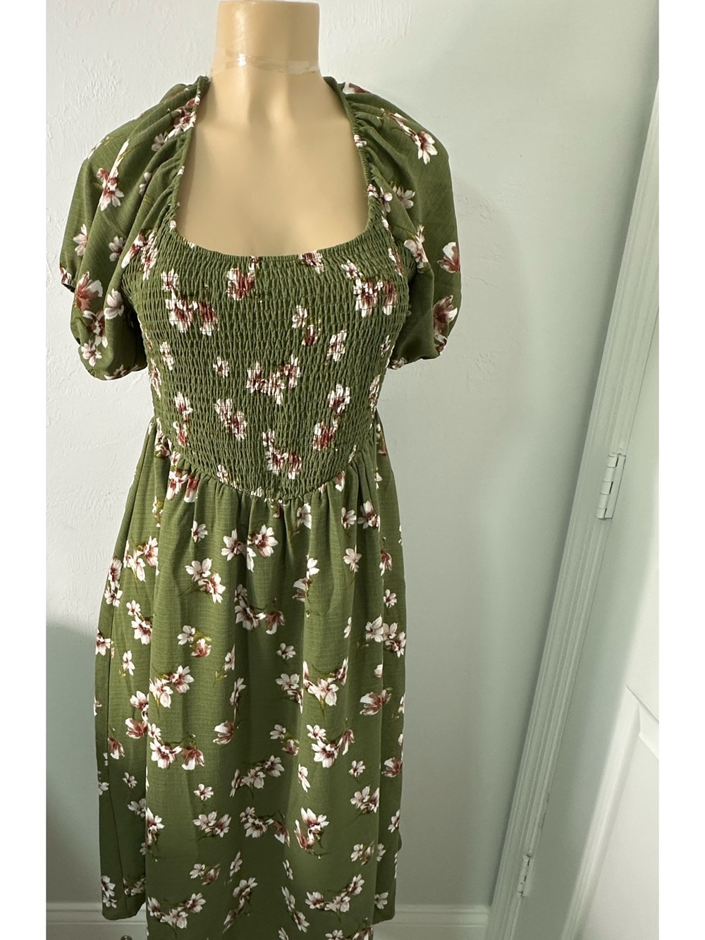 Inspired Hearts Olive Floral Smocked Midi Dress